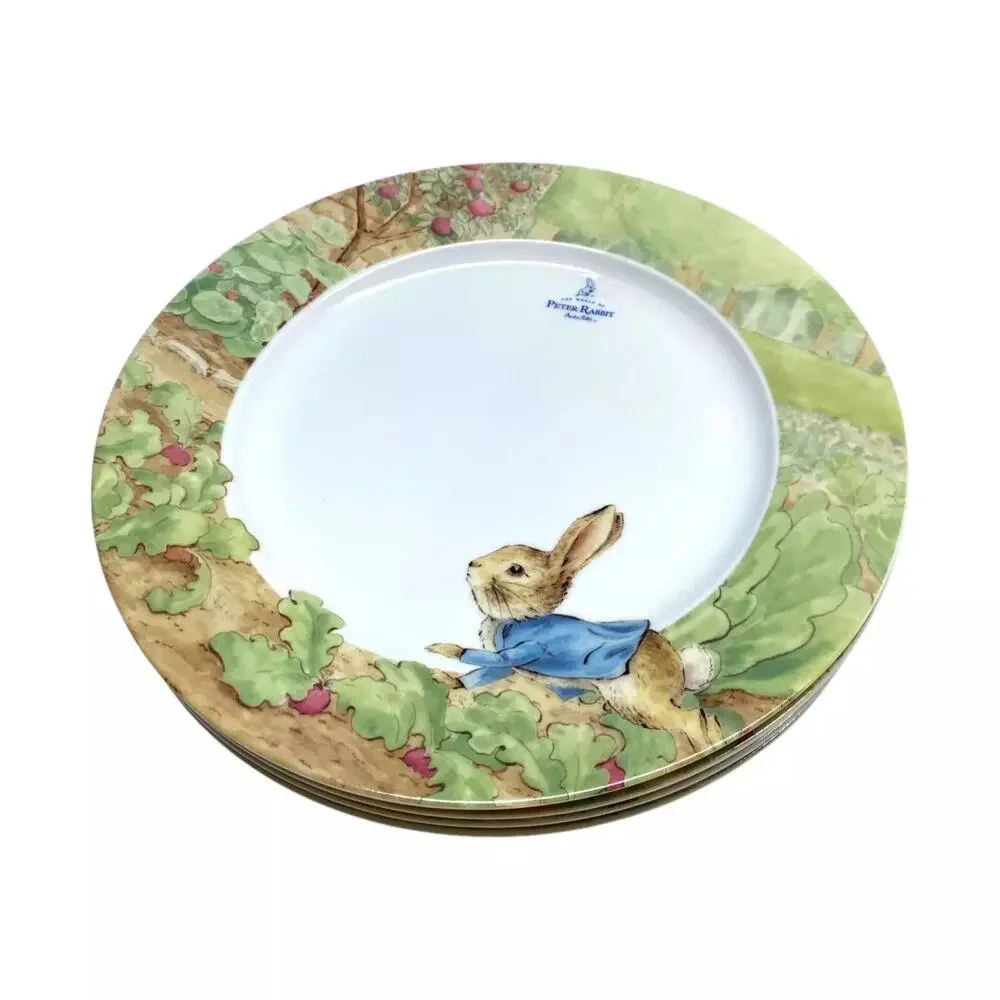 4pc Beatrix Potter Peter Rabbit Easter Bunny 10.5in Dinner Plates Spring Garden